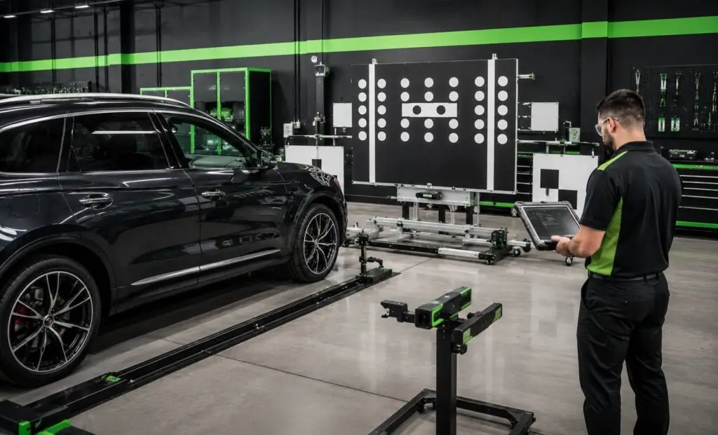 Technician performing computerized ADAS calibration on an SUV at Herring & Son Collision near Raleigh, NC using advanced camera and radar calibration equipment.