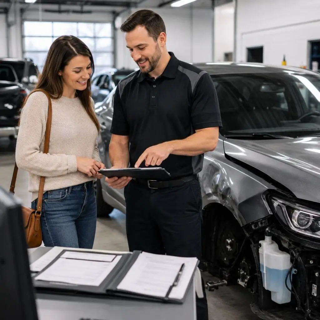 Collision repair advisor reviewing a repair estimate with a customer at Herring & Son Collision in Youngsville, NC.
