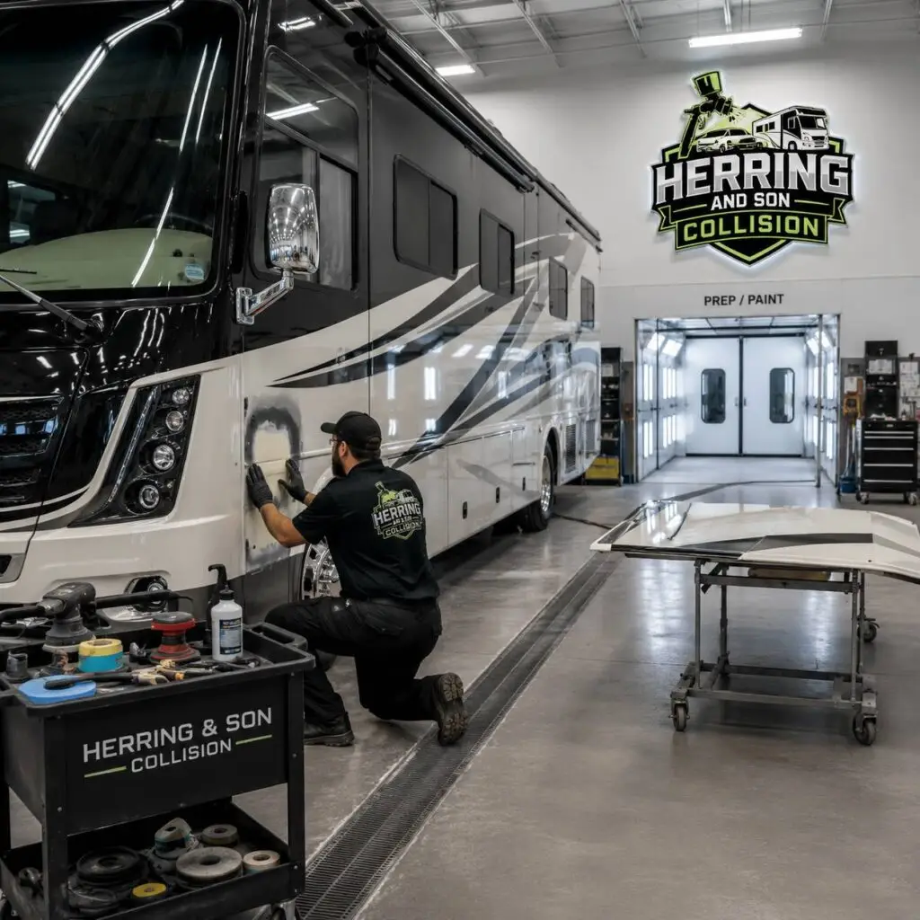 Technician repairing the body of a luxury motorhome at Herring & Son Collision's RV collision repair facility in Youngsville, NC.