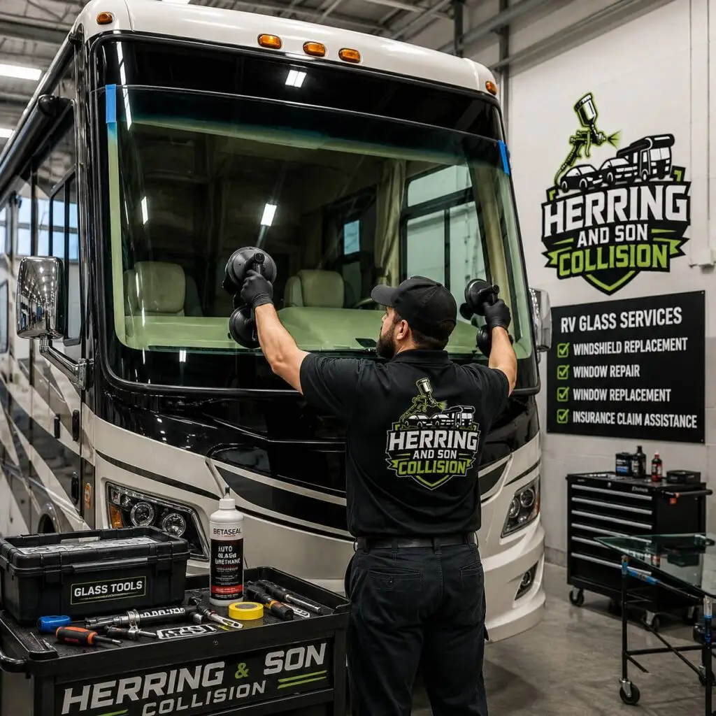 Technician replacing the windshield on a Class A motorhome at Herring & Son Collision near Wake Forest, NC using professional RV glass installation equipment.