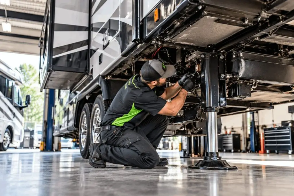 RV technician repairing a motorhome leveling jack near Wake Forest, NC