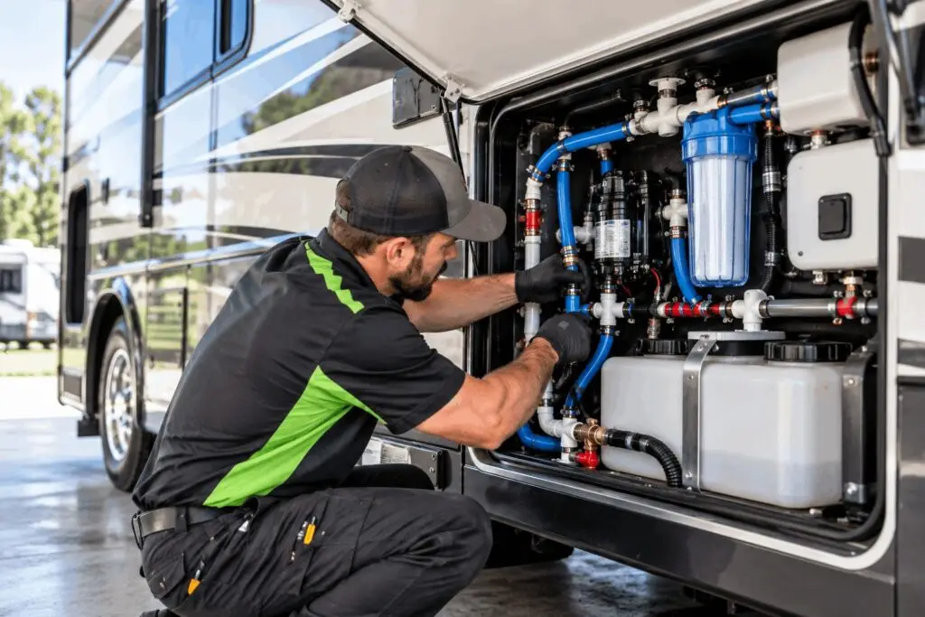 Technician repairing RV plumbing and water system components near Franklinton, NC