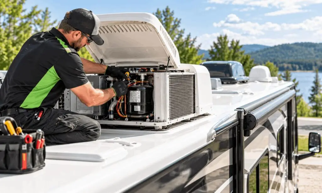 Technician repairing an RV rooftop air conditioning unit near Raleigh, NC